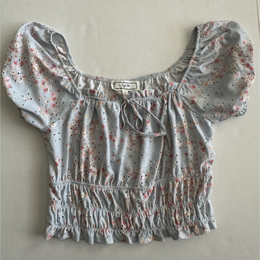 Hippe Rose Crop Top Eyelet Puff Sleeves Light Blue Teen Size Large